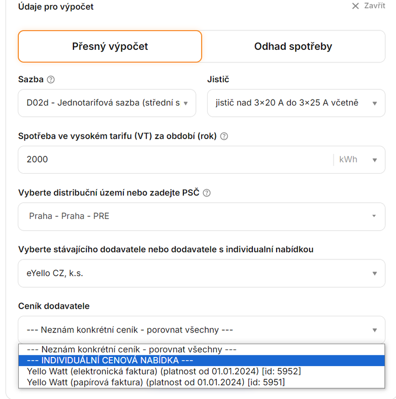 Obr. 1: Kde v Kalkultoru cen energi TZB-info najdete funkci Individuln cenov nabdka